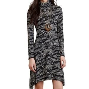 MAEVE Anthropologie Turtleneck Swing Dress Black Cream Long Sleeve Stretch Sz XS